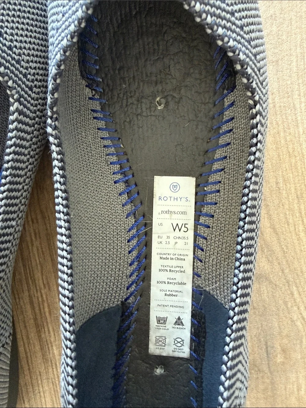 Rothy's Pointed Knit Flats in Gray with Blue Trim